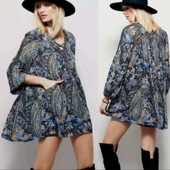 Free People Rain or Shine Gray Paisley Lace Up Tunic Dress Small - Picture 9 of 9
